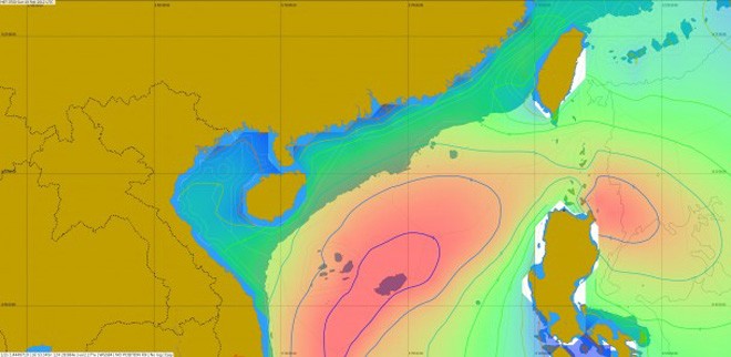 Wave model for 0700 UTC on February 19, 2012, showing waves of up to eight metres developing in the South China Sea. © Volvo Ocean Race http://www.volvooceanrace.com